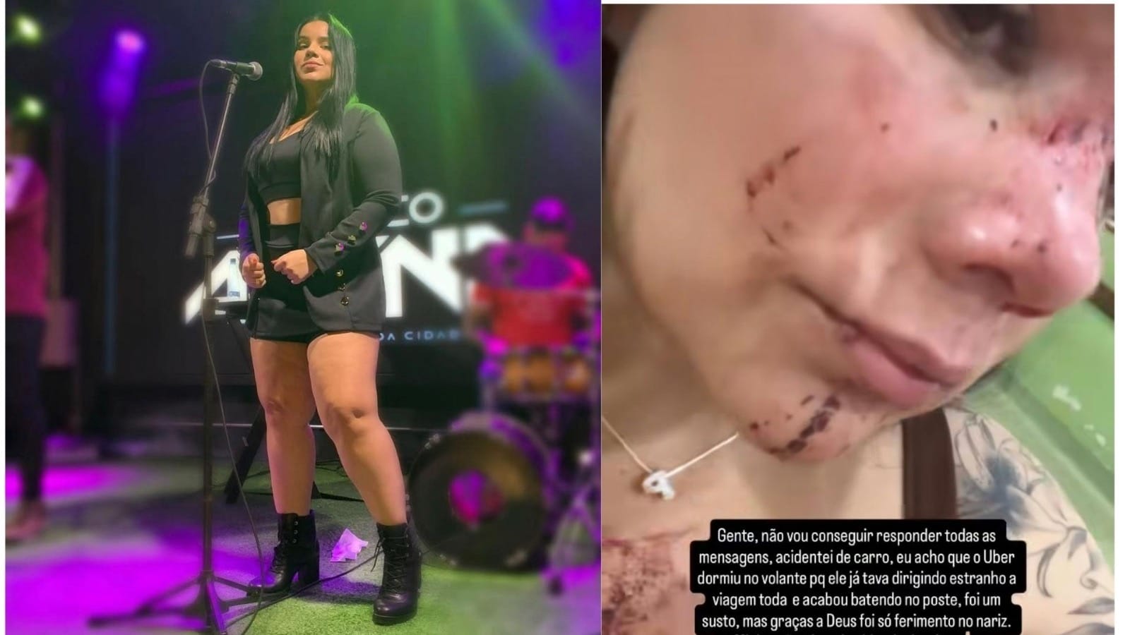Cantora fica ferida após carro bater em poste durante corrida por aplicativo em Cuiabá