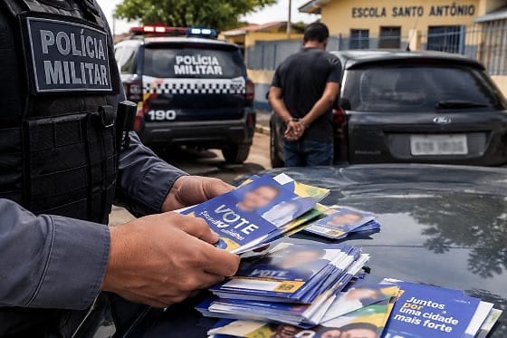 PM flagra distribuição de santinhos em frente a escola e prende homem de 41 anos