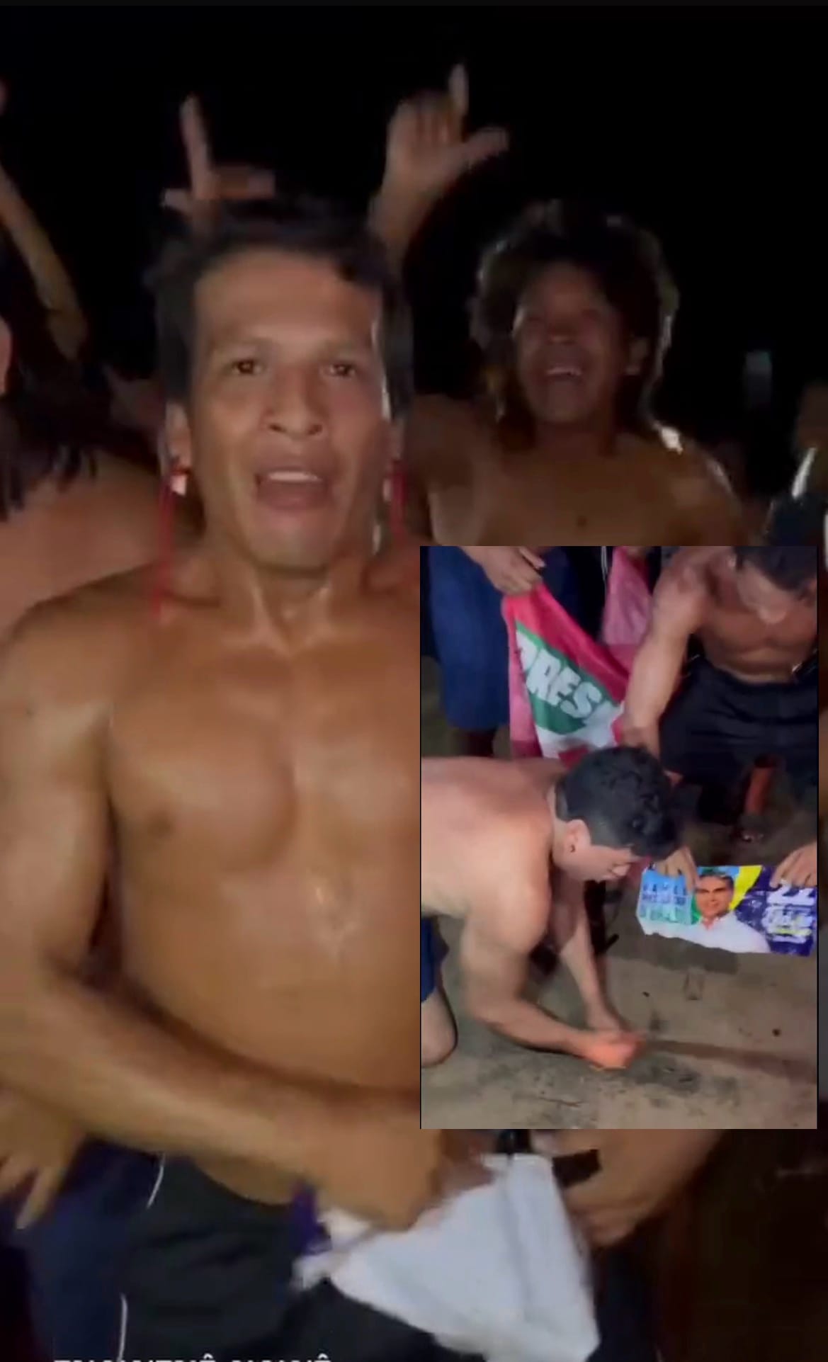 Indígenas rasgam adesivo de Flávio Bolsonaro durante celebração por Lula em MT